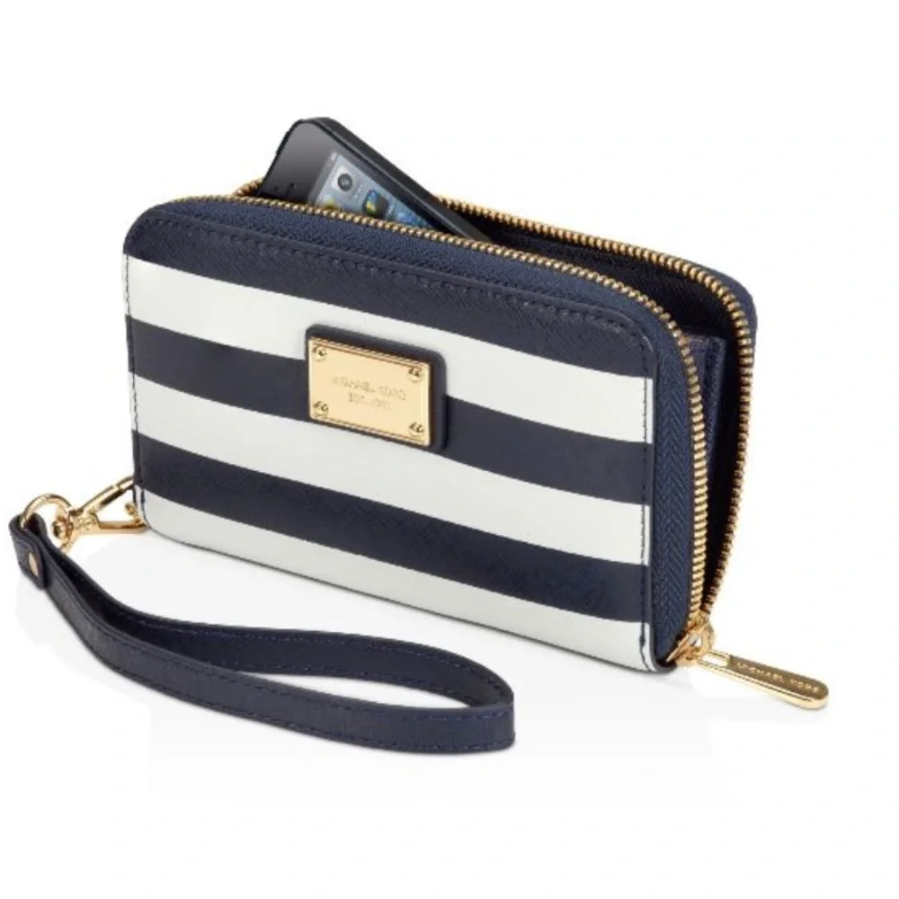 Michael Kors Blue/White Leather Striped Zip Around Wallet